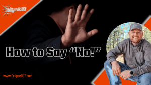 Image showing a person confidently saying "no" while maintaining a friendly demeanor.