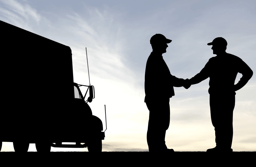 Silhouette of a truck and two DOT Professionals shaking hands, symbolizing Micro Audit collaboration.