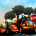 Animated picture that has 2 heavy vehicles on a constructed road.
