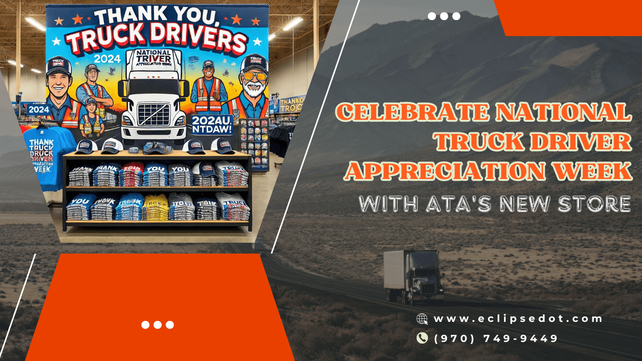 Store display for National Truck Driver Appreciation Week 2024 with merchandise and a thank-you banner.
