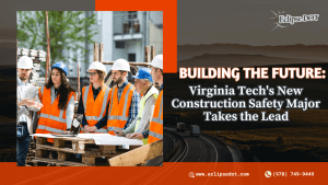 Construction workers in orange vests using a tablet on-site.