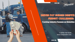 Truck driver holding paycheck with flying dollar bills in front of a semi-truck.