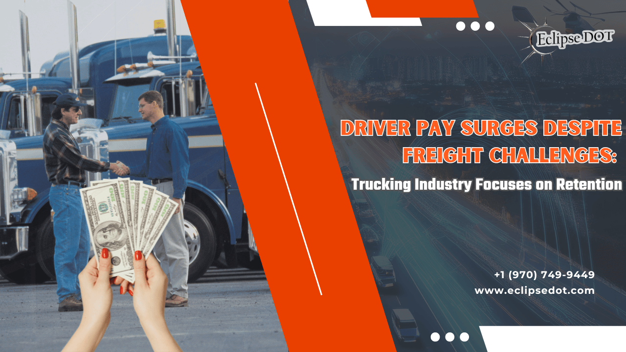 Truck driver holding paycheck with flying dollar bills in front of a semi-truck.