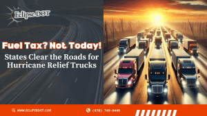 Trucks hauling supplies on a highway for hurricane relief.