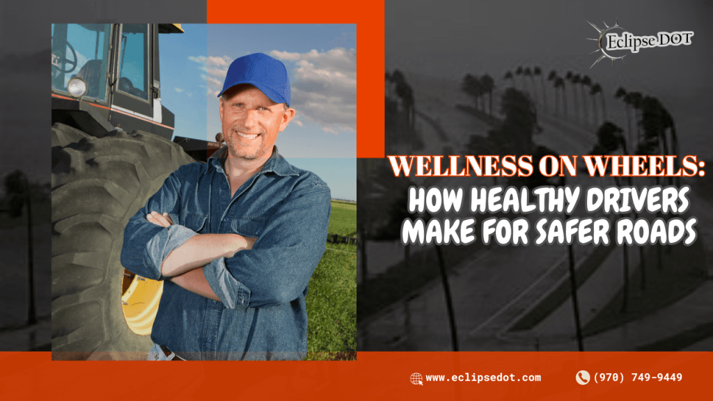 Healthy truck driver in cabin with water bottle and fitness tracker, promoting wellness and safety.