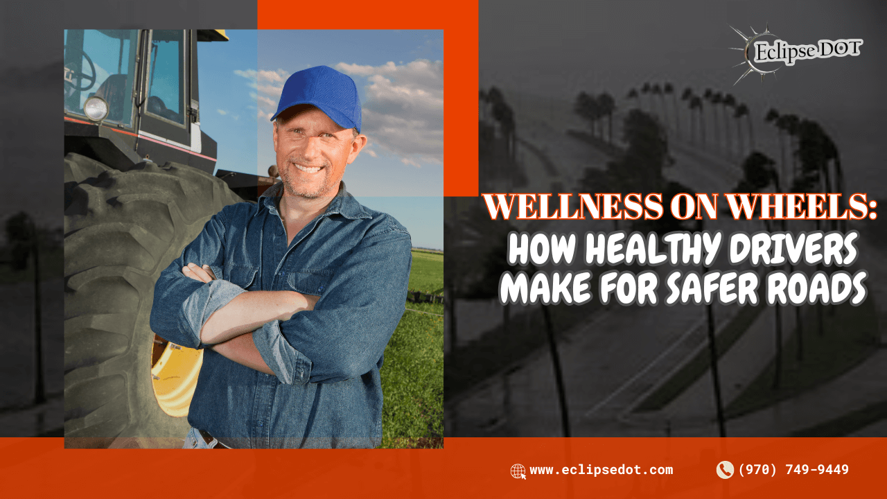 Healthy truck driver in cabin with water bottle and fitness tracker, promoting wellness and safety.