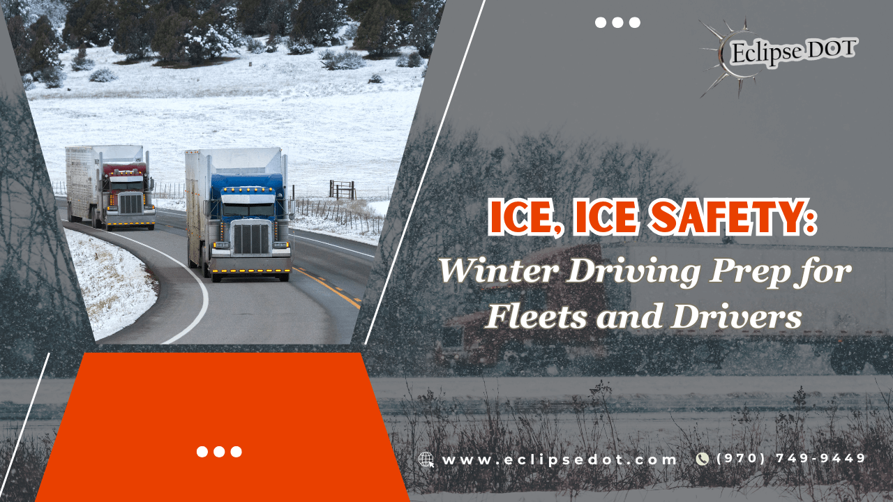 Semi-truck with snow chains on a snowy highway, driver inspecting for safety.