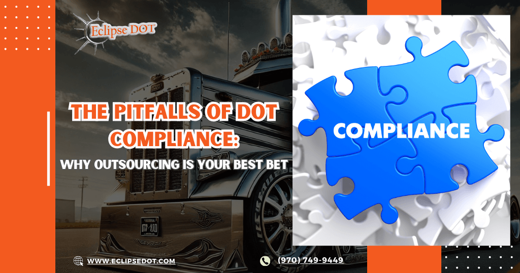 Semi-truck with text 'The Pitfalls of DOT Compliance' and a compliance puzzle graphic.