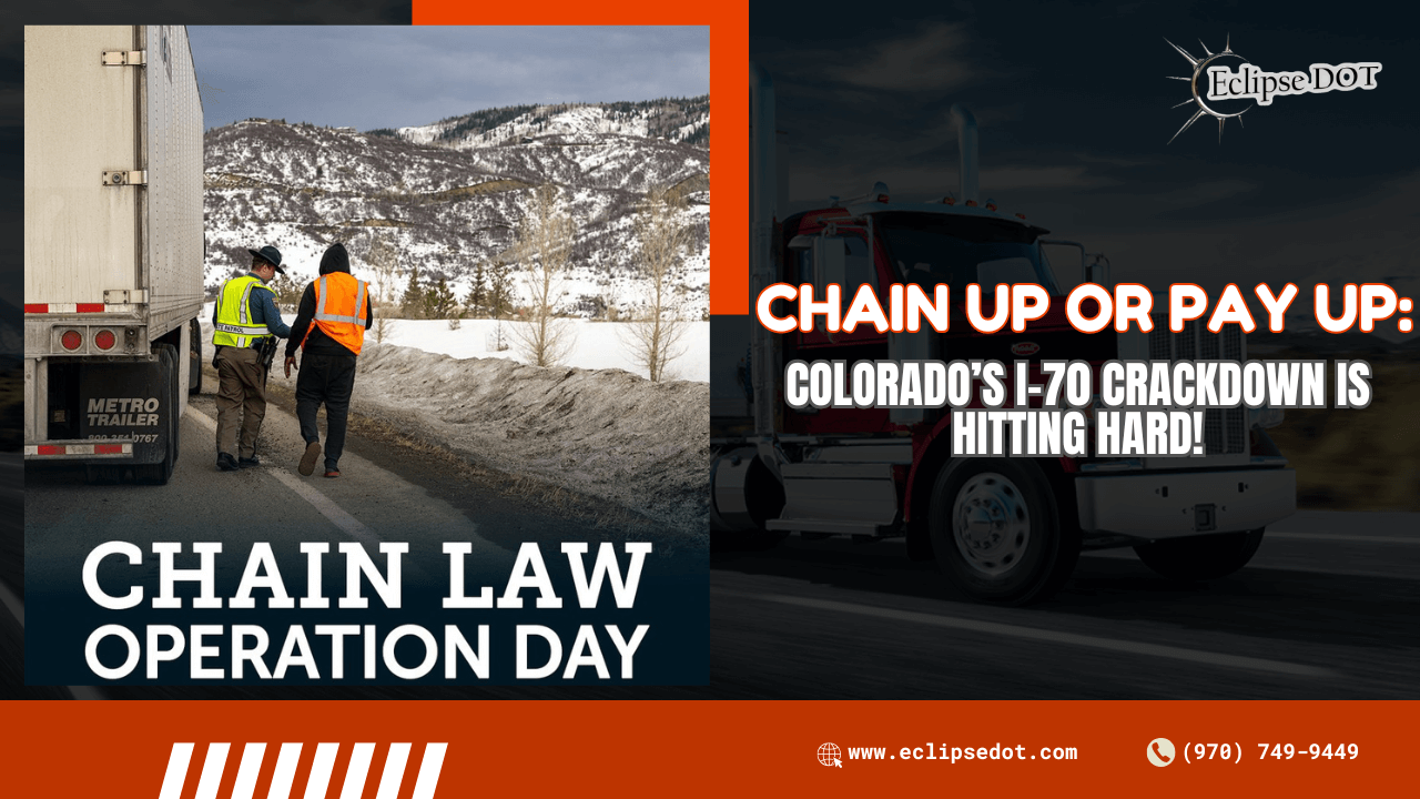 Colorado State Patrol officer enforcing chain law with a truck driver on a snowy highway.