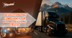 Semi-truck driving through Colorado mountains at sunset