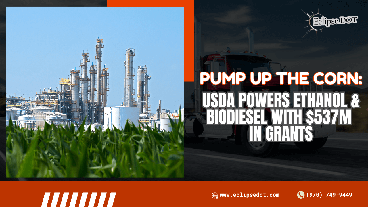 Biofuel refinery with cornfield and semi-truck promoting USDA $537M grants.