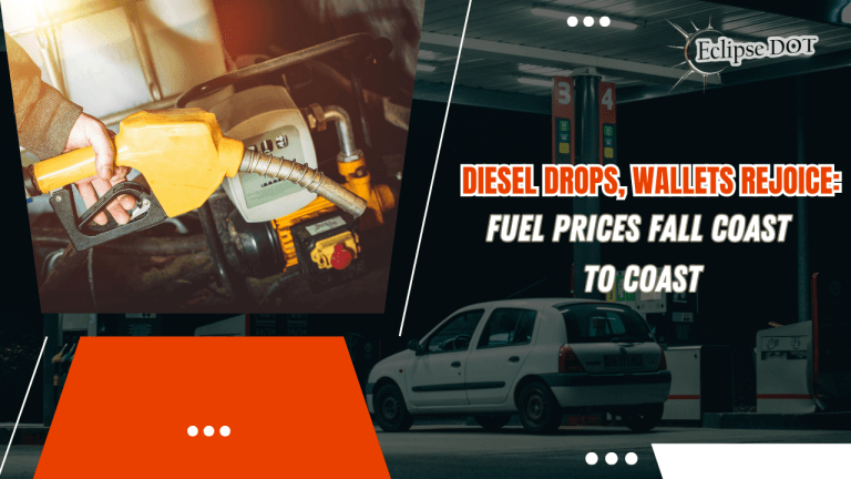 Fuel nozzle and gas station with “Diesel Drops, Wallets Rejoice” headline.