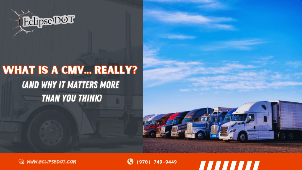 Various commercial motor vehicles (CMVs) including a truck, pickup, bus, and van.