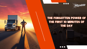 Truck driver by vocational truck at sunrise, ready to lead the day.