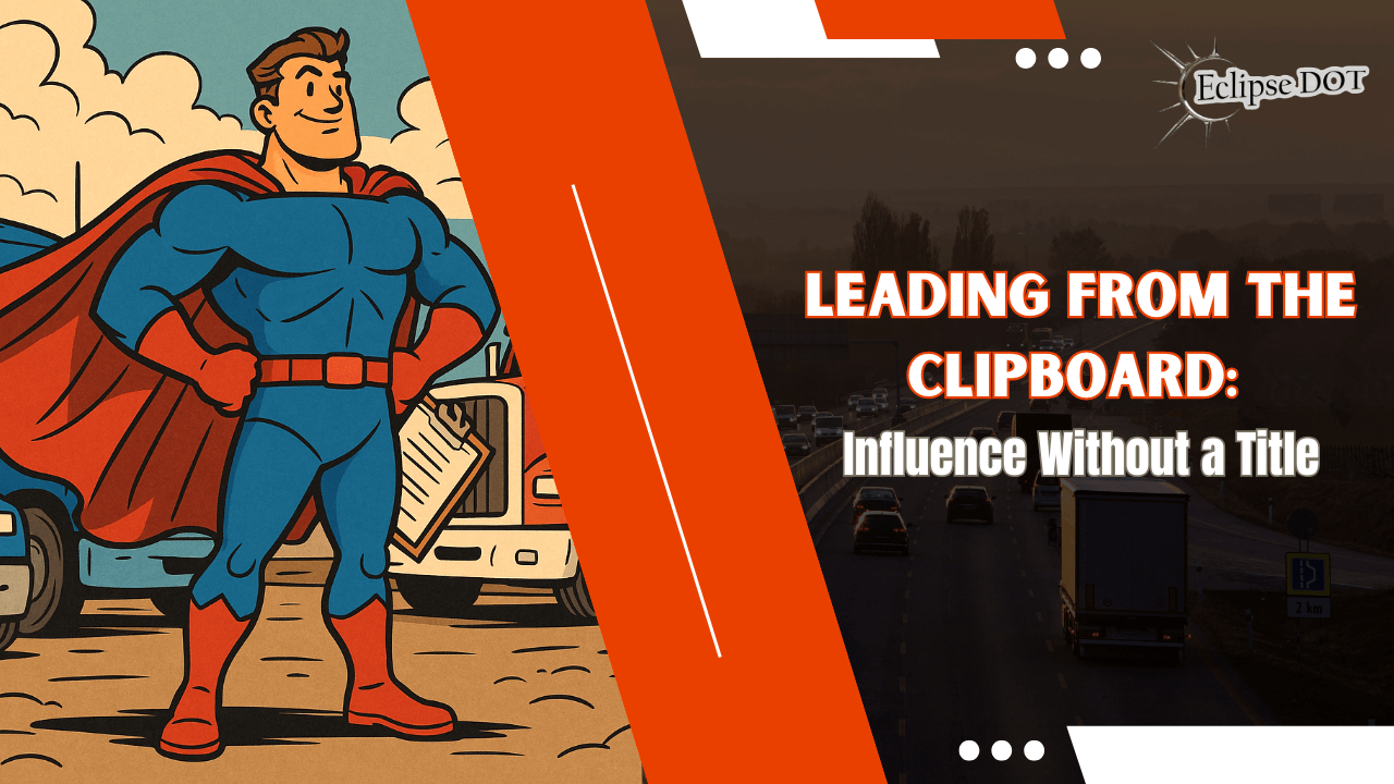 Superhero holding clipboard in a truck yard with semi-trucks.