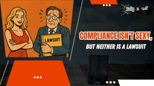 Cartoon of confident woman and nervous man with lawsuit folder, symbolizing DOT compliance risks.