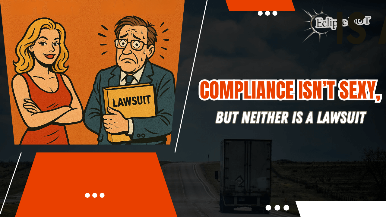 Cartoon of confident woman and nervous man with lawsuit folder, symbolizing DOT compliance risks.