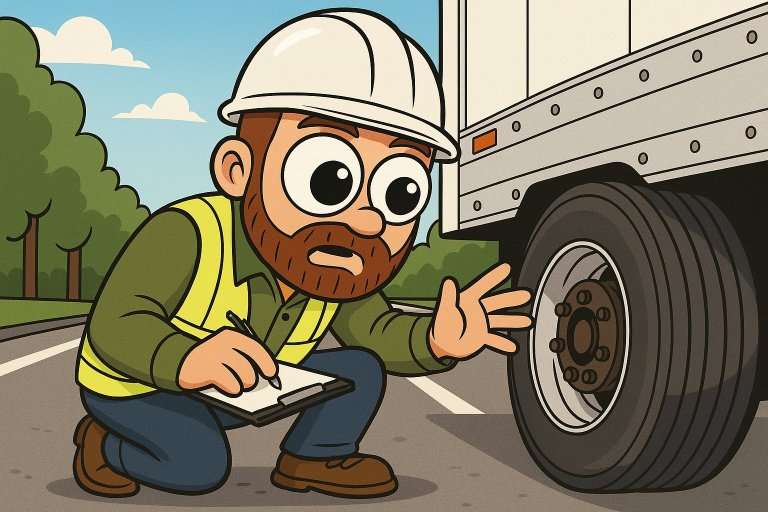 Cartoon DOT inspector with big eyes checking truck brakes on highway.