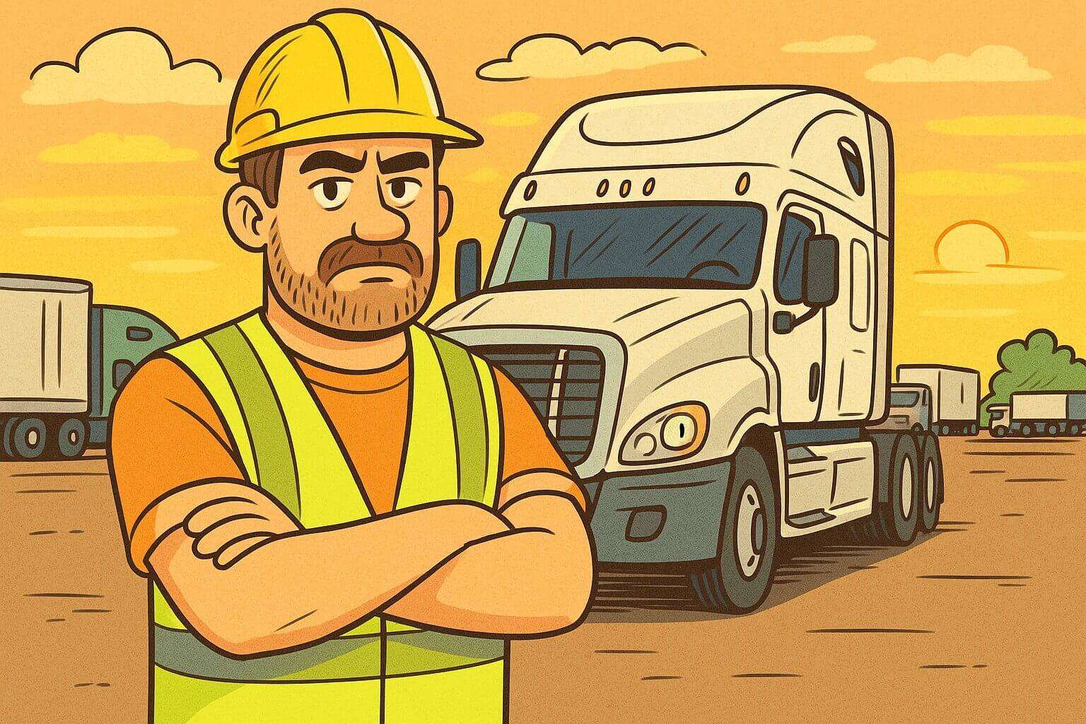 Cartoon truck driver in safety gear standing before semi-truck at sunset.