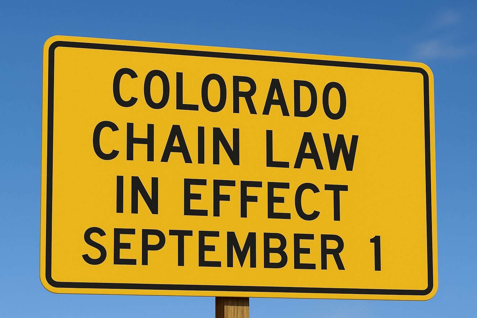 Yellow sign: “Colorado Chain Law In Effect September 1.”