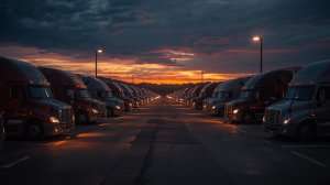 Semi-trucks parked at dusk, symbolizing trucking challenges.