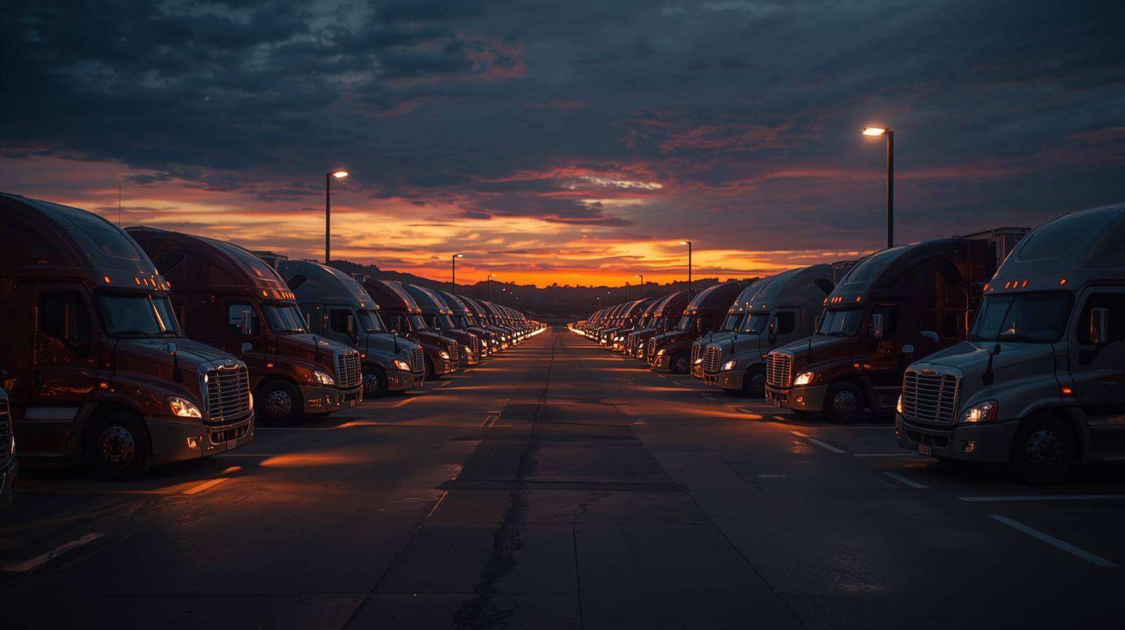 Semi-trucks parked at dusk, symbolizing trucking challenges.