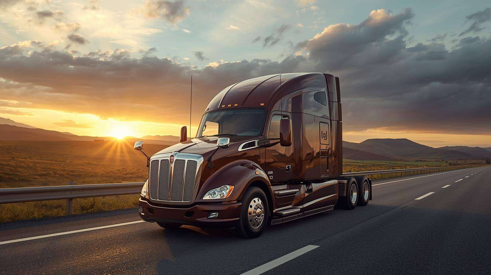 New semi-trailer on scenic highway with hills and sky.