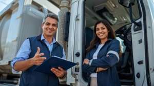 Fleet manager and driver reviewing truck compliance together.