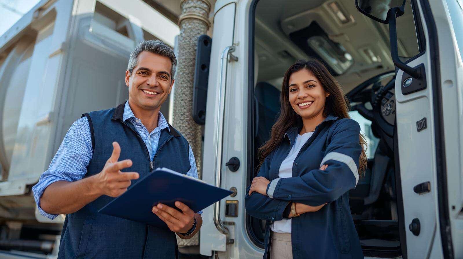 Fleet manager and driver reviewing truck compliance together.