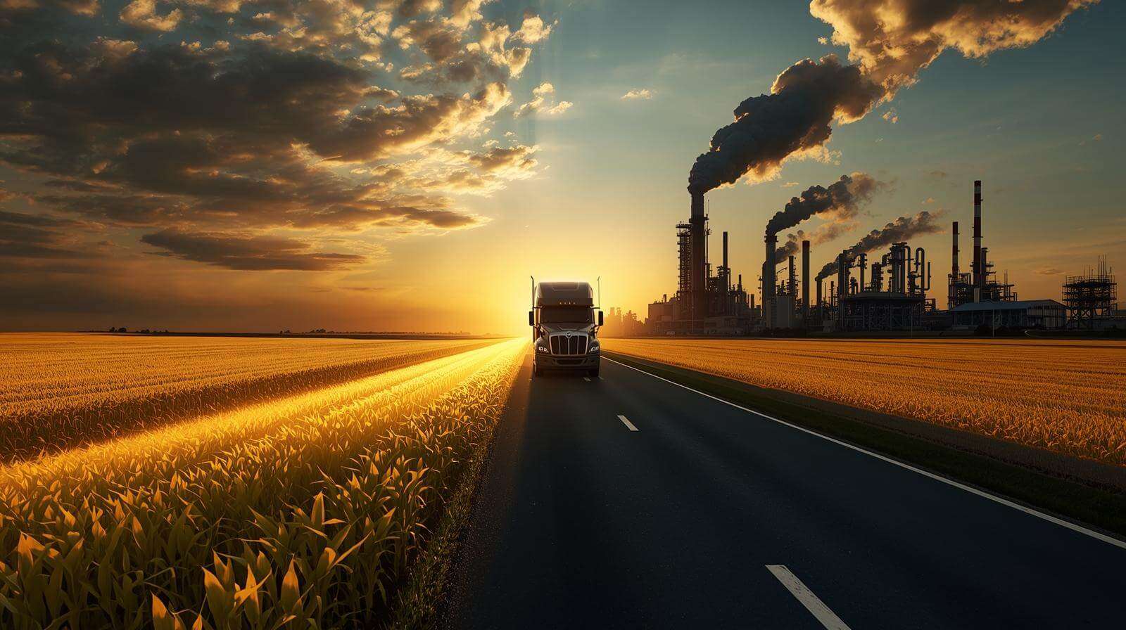 Truck between cornfields and refinery, showing EPA biofuel debate.