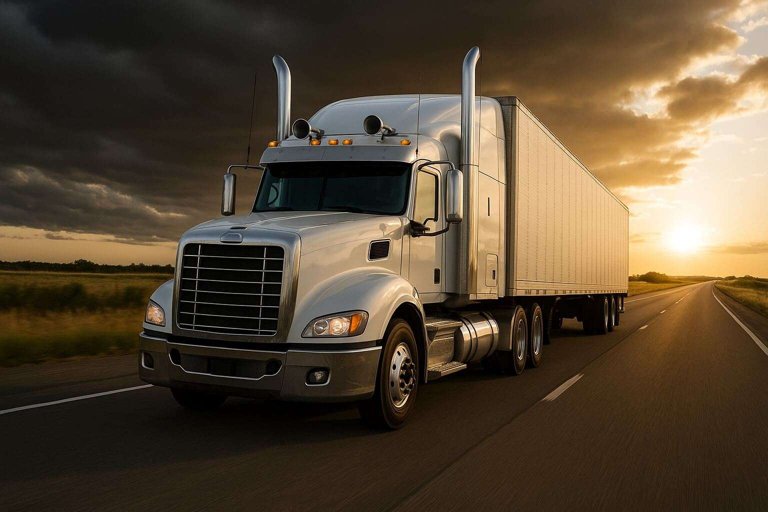 White semi-truck with chrome horns driving on highway at sunset, symbolizing FMCSA HOS flexibility.