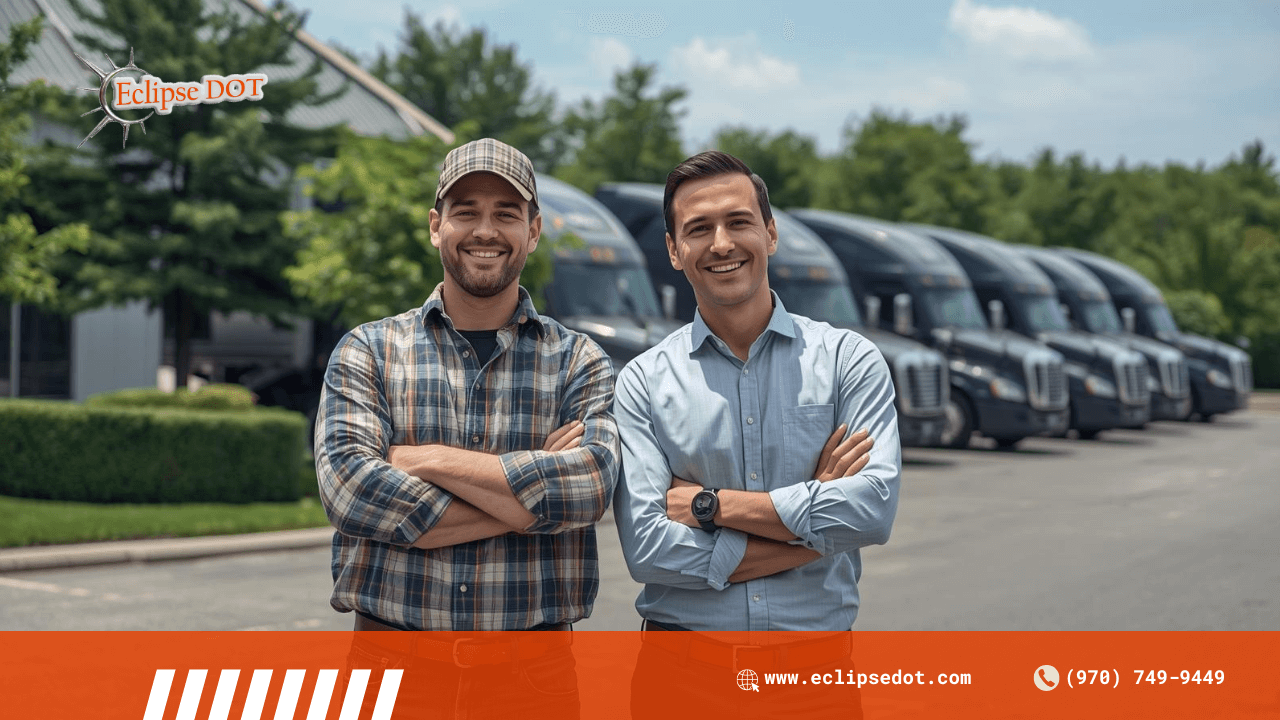 Truck driver and fleet manager smiling in front of trucks with trees.