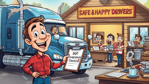 Cartoon happy truck driver with DOT compliance checklist