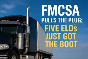 Semi-truck with FMCSA headline about revoked ELDs