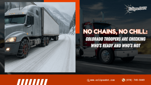 Colorado trooper checks a semi-truck under chain law on snowy I-70.