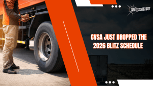 Shiny semi-truck with inspector on highway