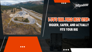 Aerial view of Vail Pass Rest Area on I-70 with expanded truck parking and modern amenities.
