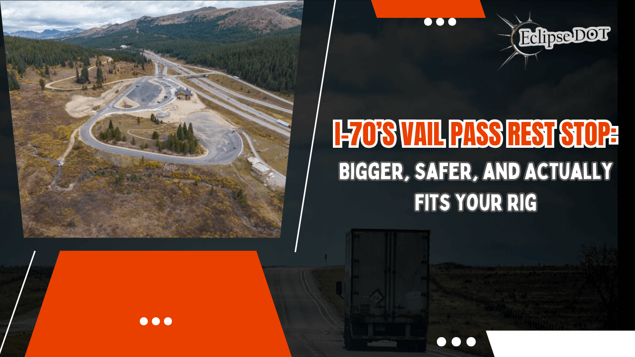 Aerial view of Vail Pass Rest Area on I-70 with expanded truck parking and modern amenities.