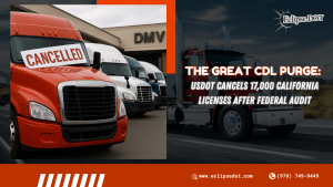 Commercial trucks parked at a DMV after California CDL cancellations.