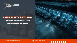 Commercial truck yard at night with organized fleet viewed from above