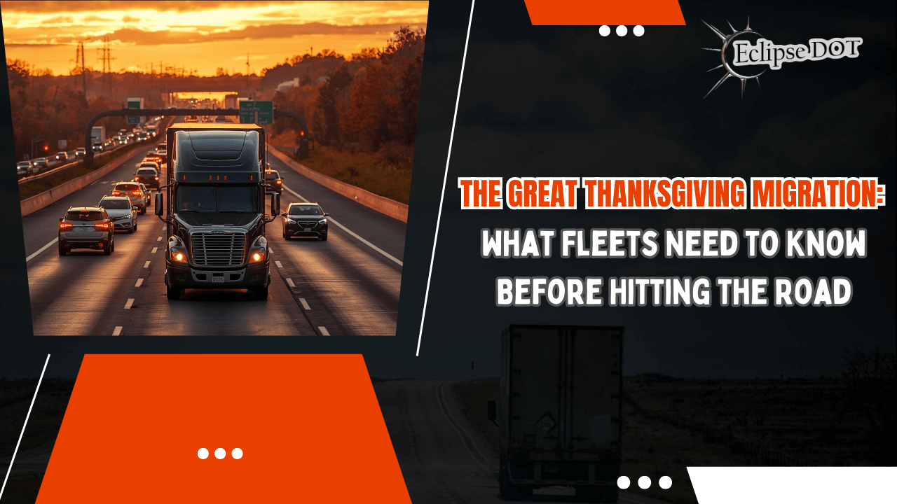 Heavy Thanksgiving traffic with cars and trucks on a busy highway at sunset.