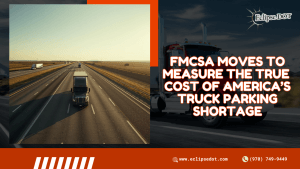 Semi truck driving on open highway during the day representing the truck parking shortage.