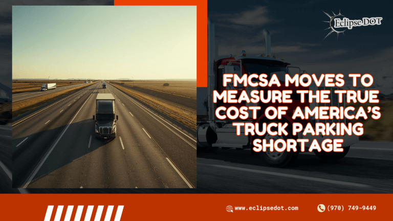 Semi truck driving on open highway during the day representing the truck parking shortage.