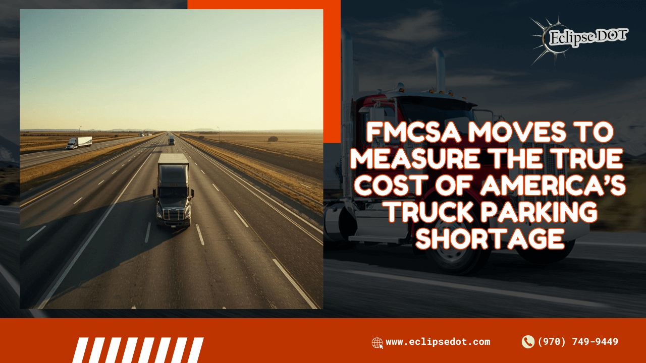 Semi truck driving on open highway during the day representing the truck parking shortage.