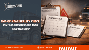 End-of-year DOT compliance workspace with truck background