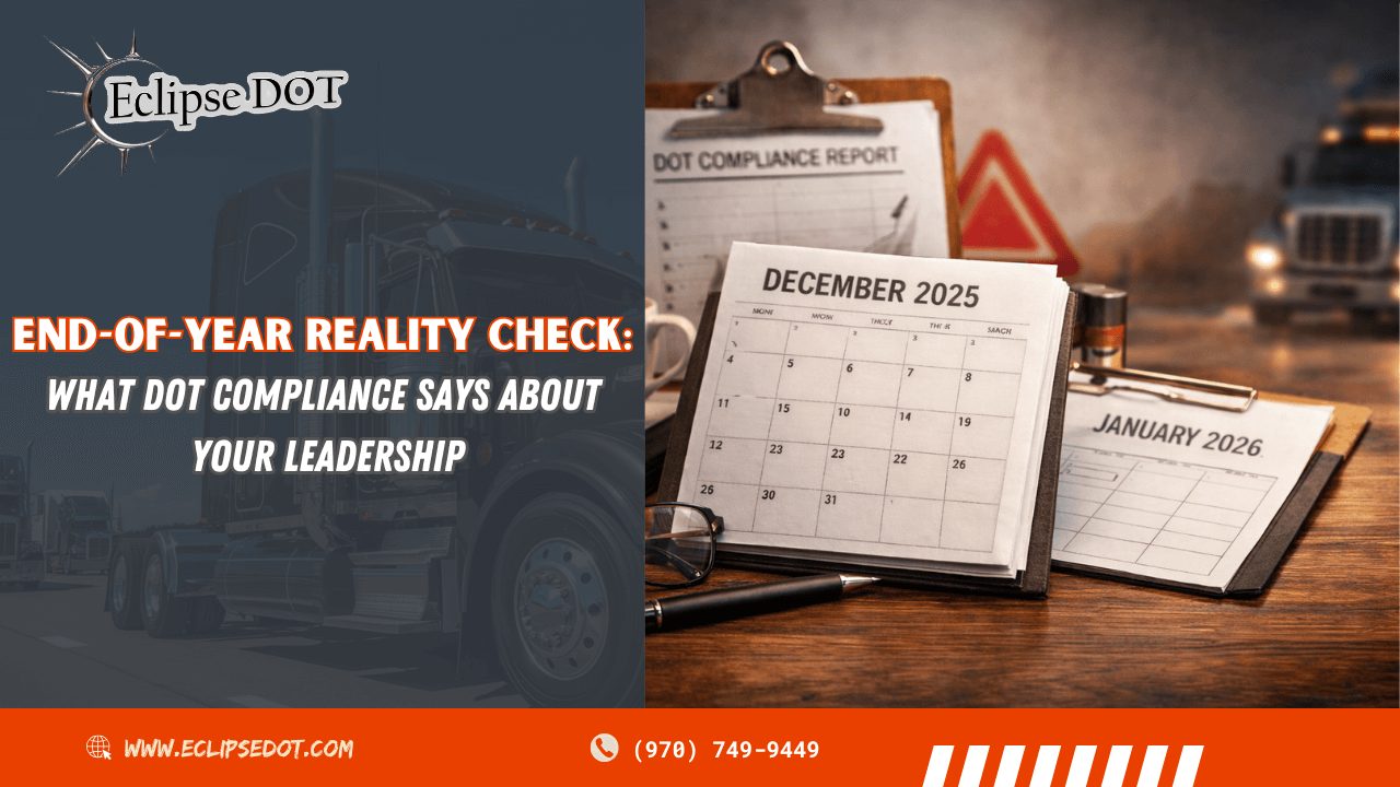 End-of-year DOT compliance workspace with truck background