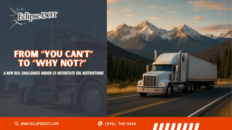 Semi truck driving through Colorado mountains on an interstate highway.