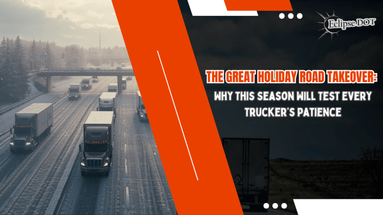 “Snowy highway with trucks and cars in both directions during Christmas.”