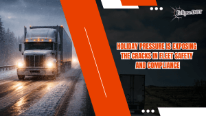 Truck driving on icy road at night during holiday season.