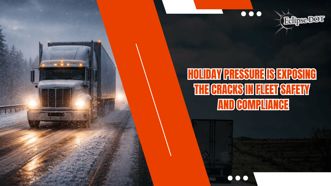 Truck driving on icy road at night during holiday season.